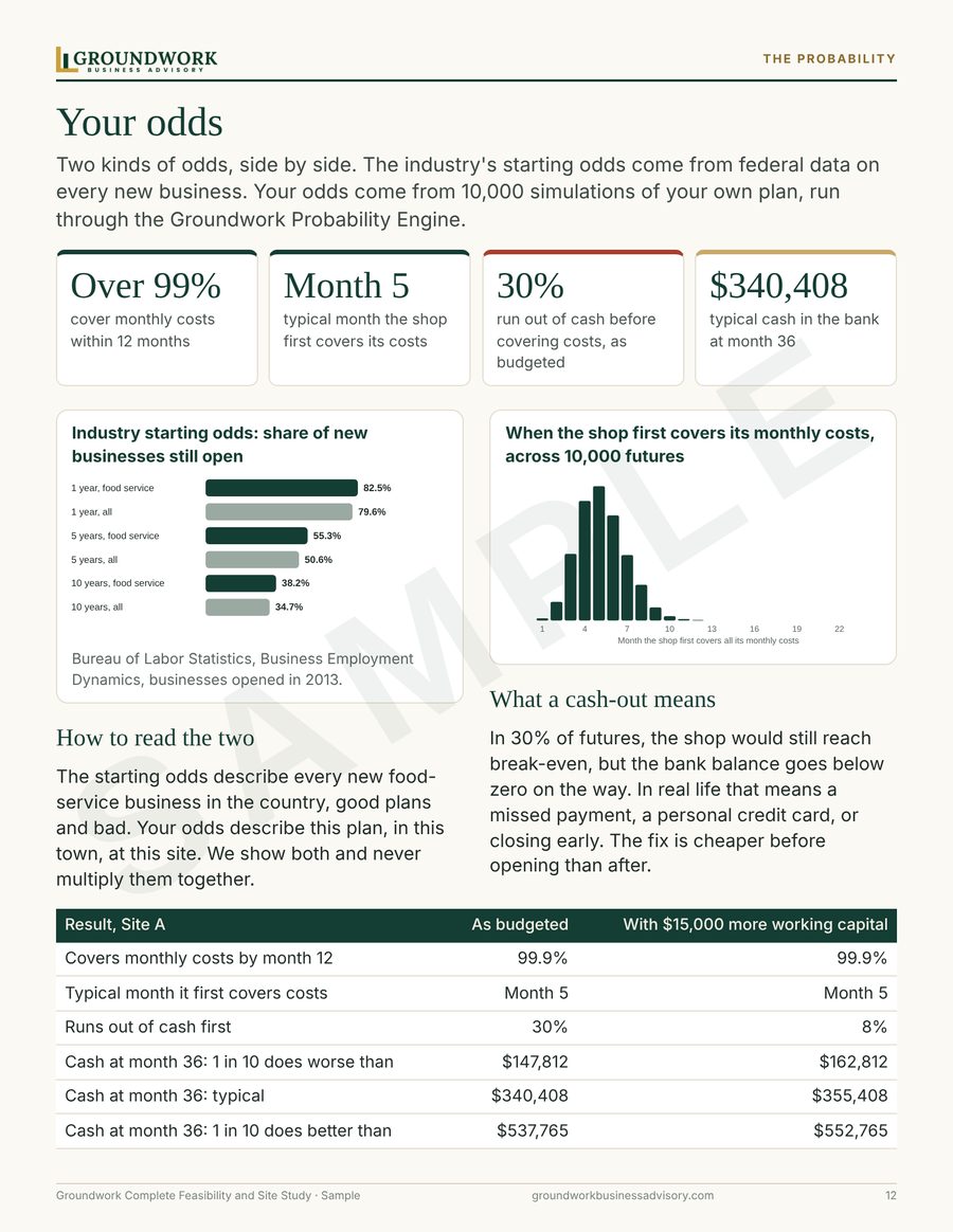 Sample study page showing break-even odds and industry survival rates