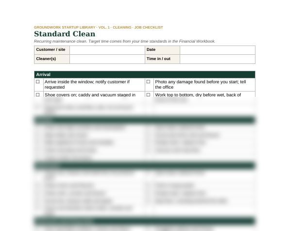 Sample page from the kit: the Standard Clean job checklist