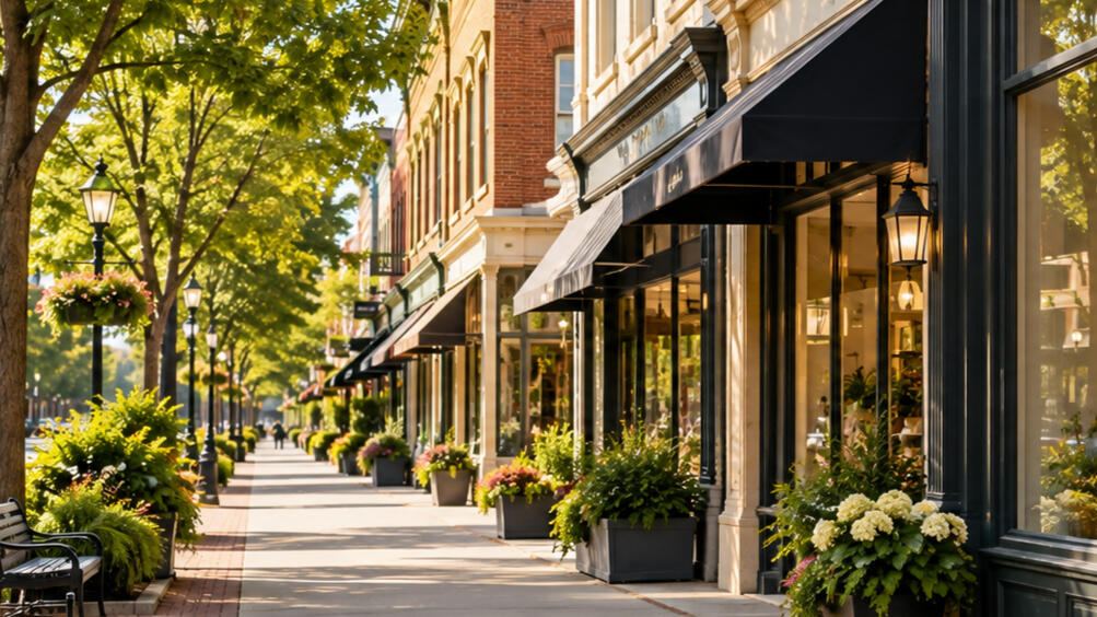 Sunny small-business main street with storefronts