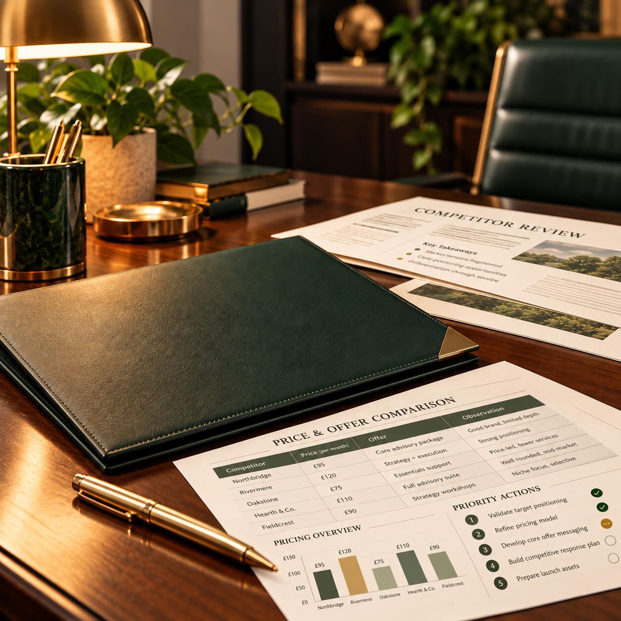 Business project materials on a walnut desk