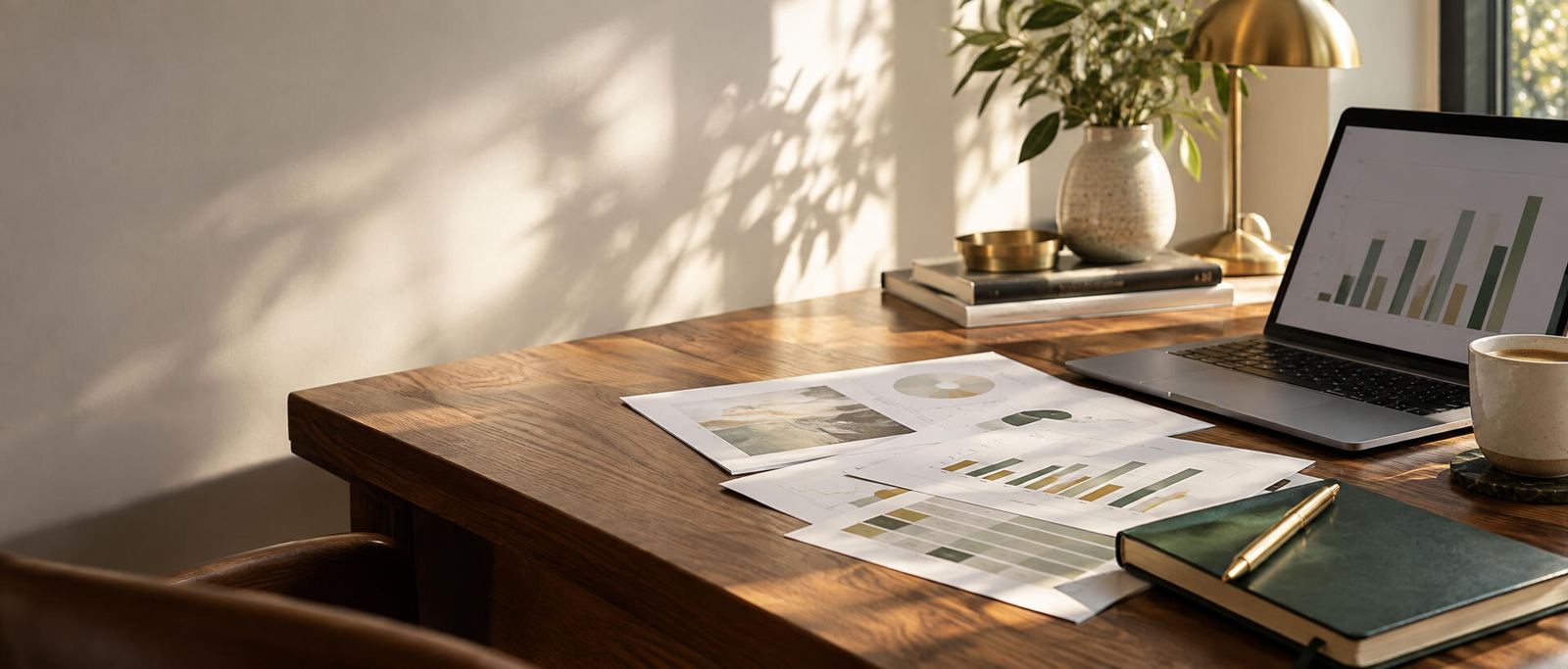 Laptop with charts on a sunny desk