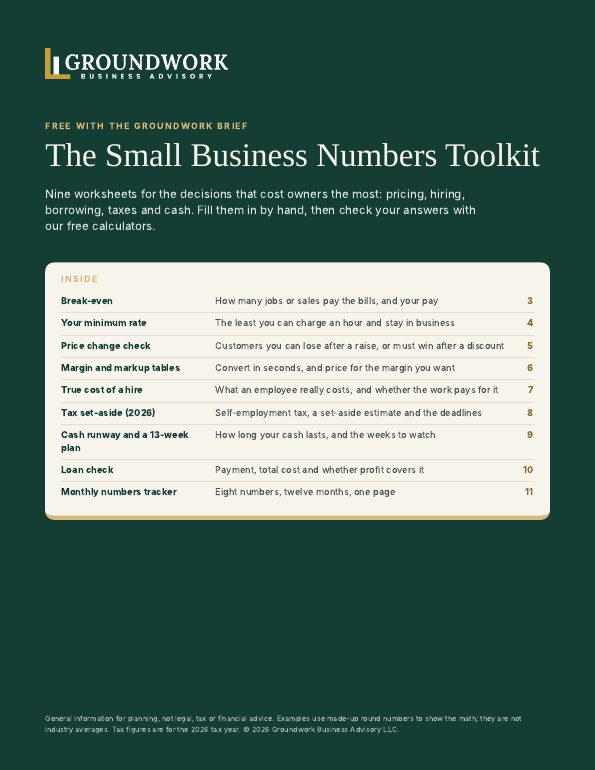 Cover of the Small Business Numbers Toolkit listing nine worksheets