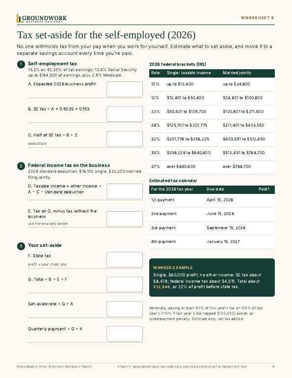 2026 tax set-aside worksheet with federal brackets and estimated-tax calendar