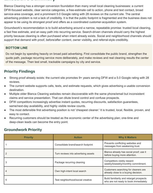 Blanca Cleaning Advertising Checkup executive summary excerpt